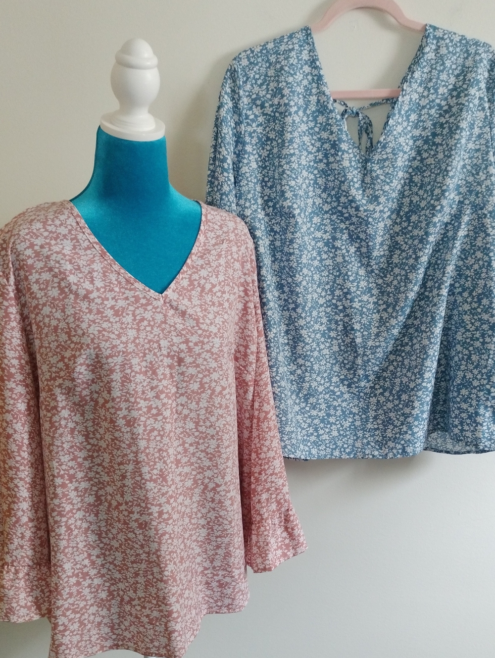 Floral V-Neck Lightweight Long-Sleeve Top - Pink or Blue Plus Size